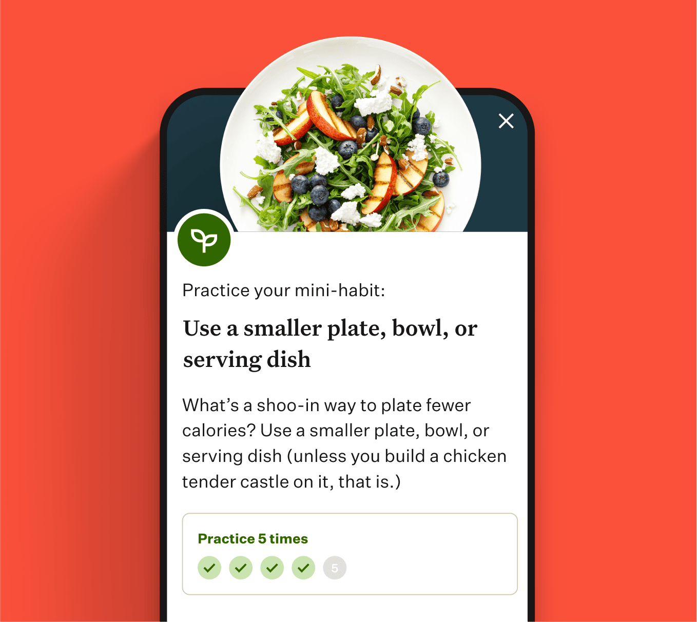 Noom app screen demonstrating a behavioral-psychology mini-habit