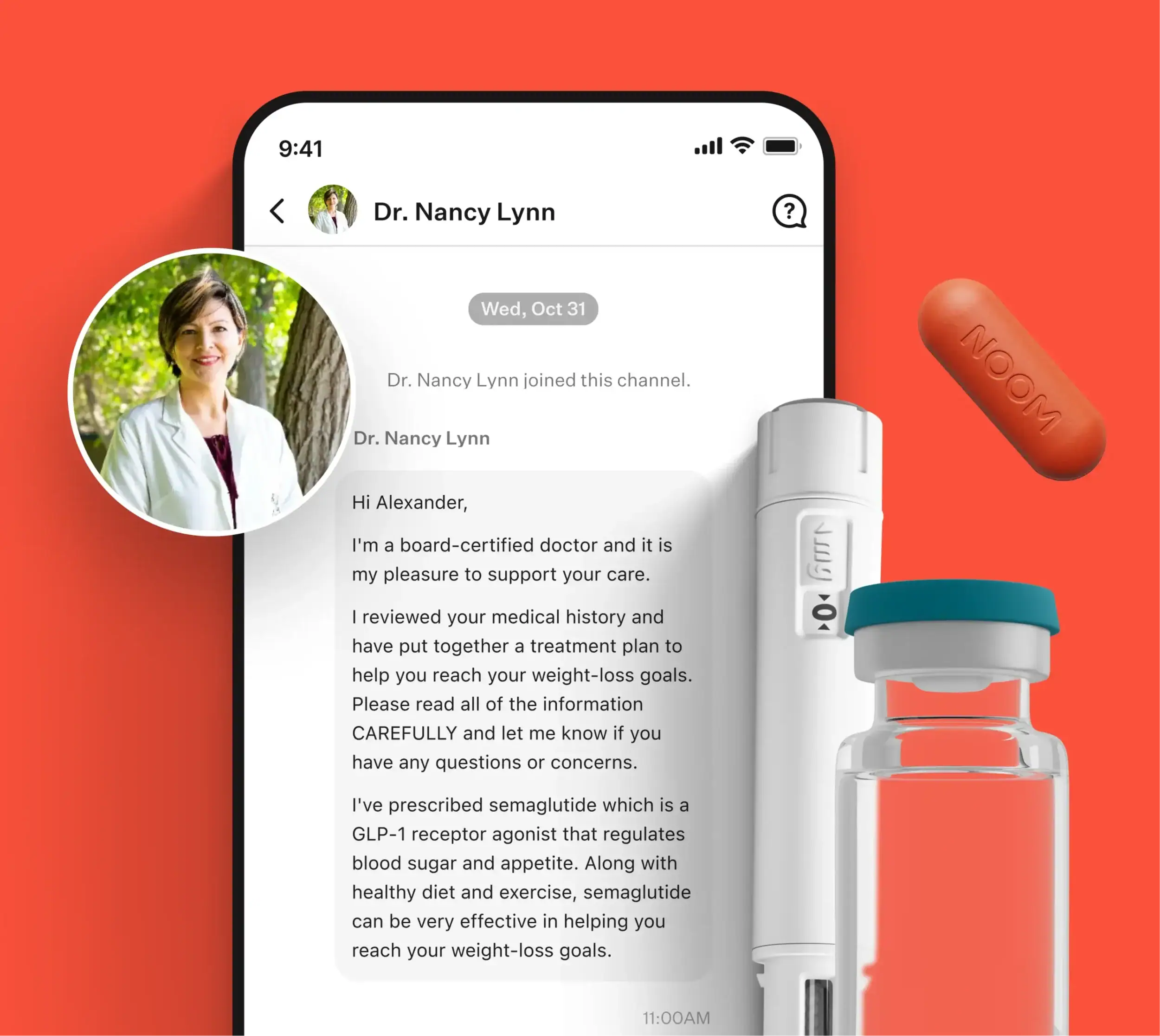 Illustration of a Noom weight-loss care experience showing a clinician message and medication