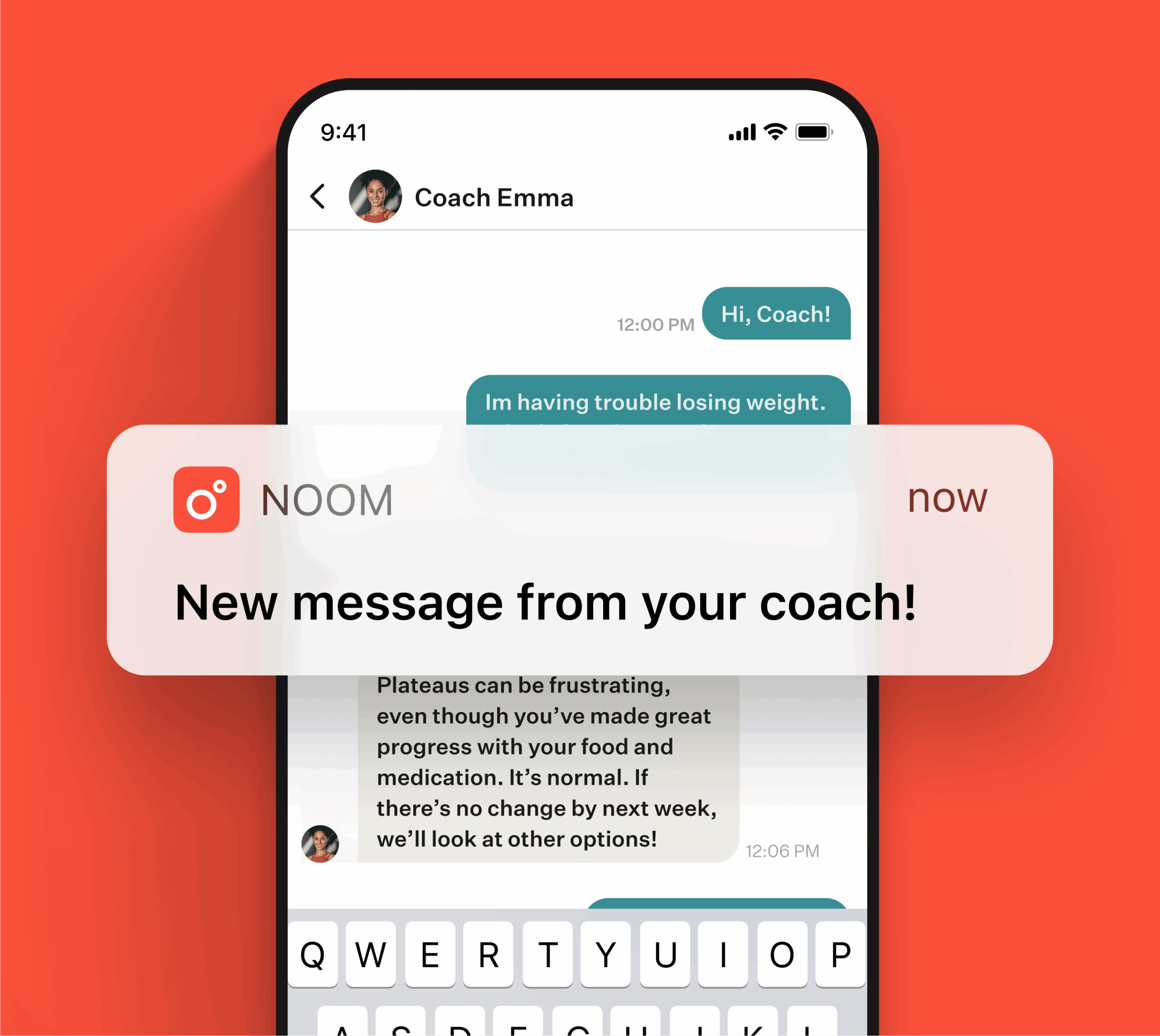 Noom app screen showing a supportive coach message