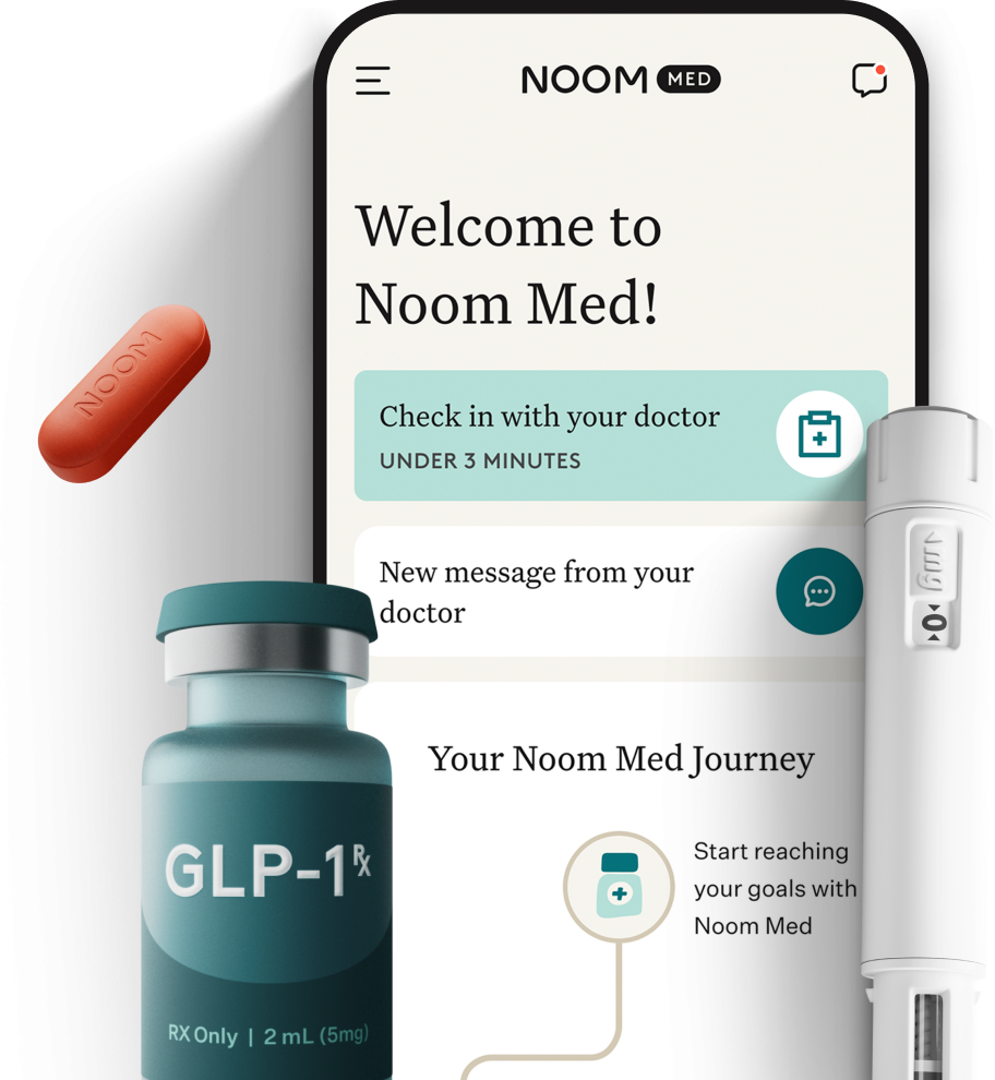 The Noom Med app, GLP-1 vial, and pill.