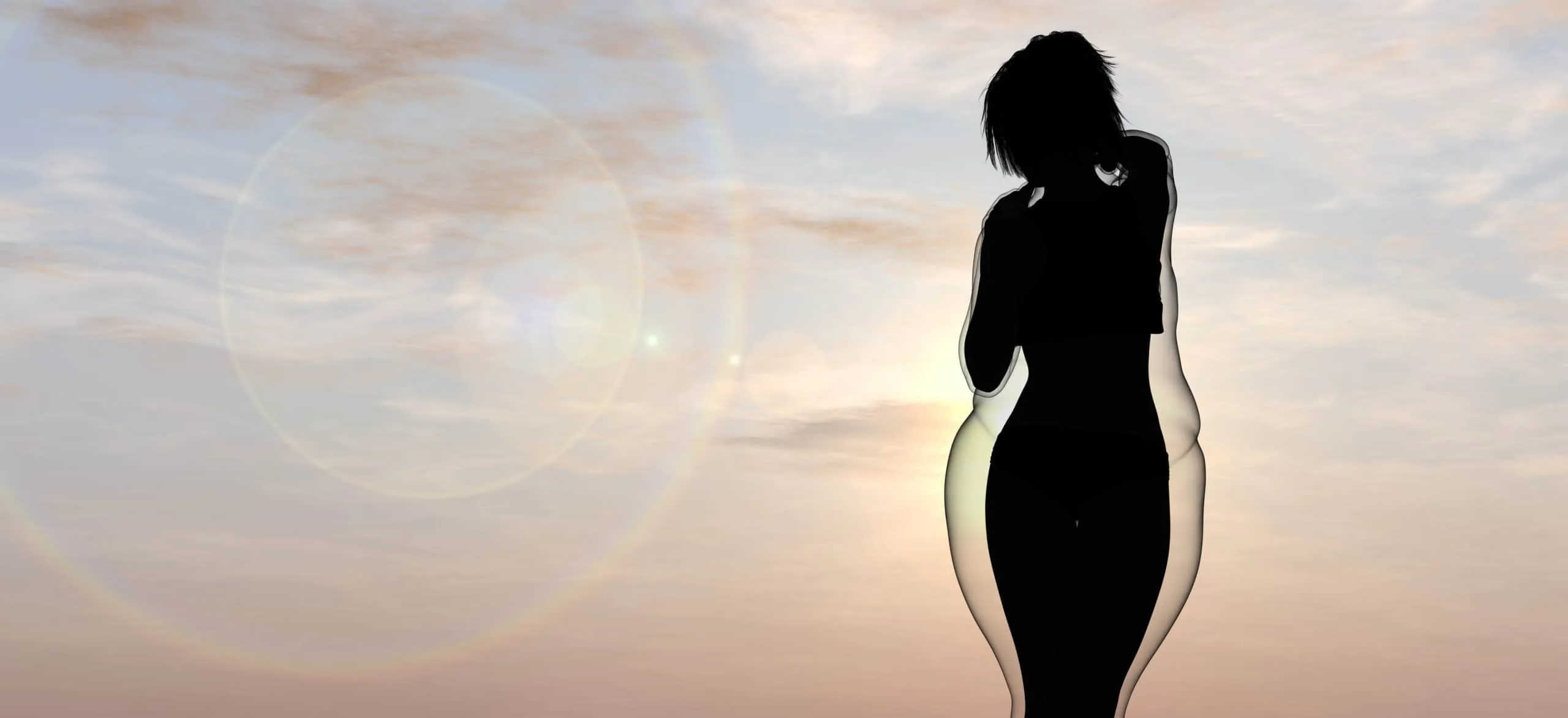 Conceptual fat overweight obese female vs slim fit healthy body after weight loss or diet with muscles thin young woman over sunset. Fitness, nutrition or fatness obesity, health shape 3D illustration Ozempic and muscle loss