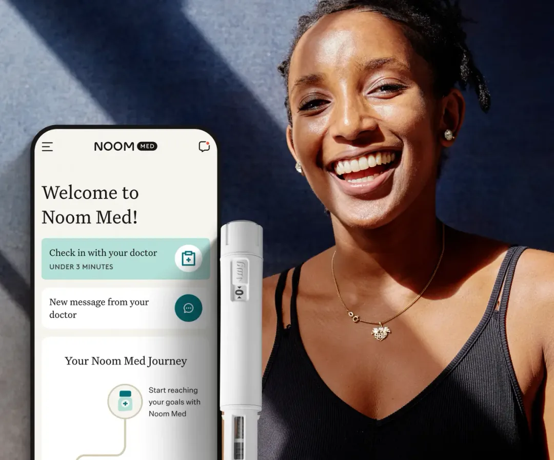 woman in workout clothes, noom app, and a white needle