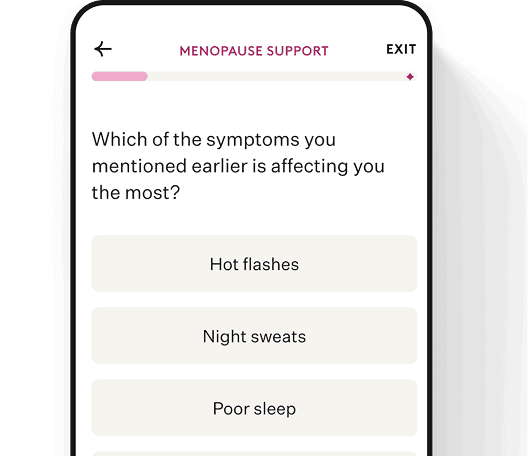 Noom menopause support app screen showing symptom questionnaire