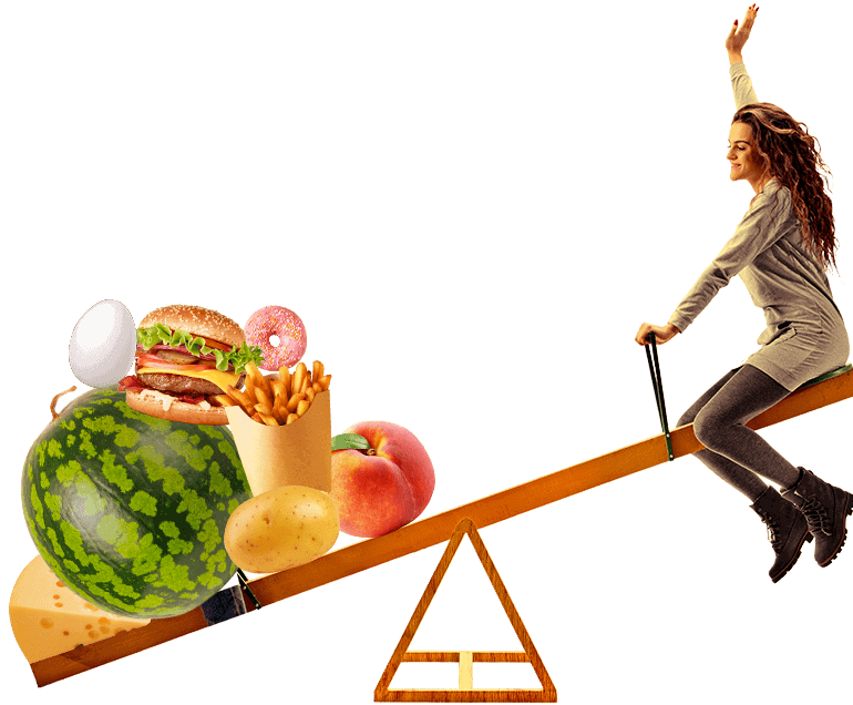 Woman on a seesaw balancing against unhealthy food — illustrating Noom's approach to building a healthier world.