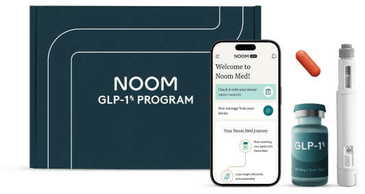 Noom GLP-1 Rx Program box with phone and medication vials