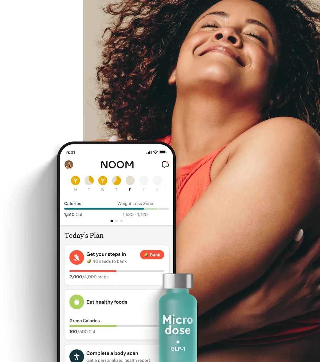 woman smiling with a noom vial, orange pill, and the noom app </p>
<p>