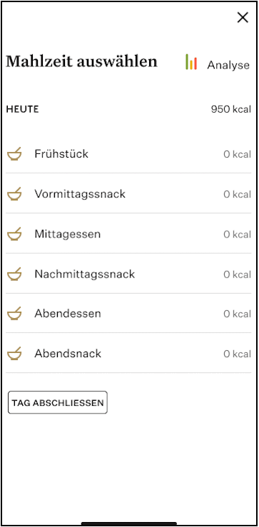Screenshot Ernährungstagebuch mit Auswahl der Mahlzeit