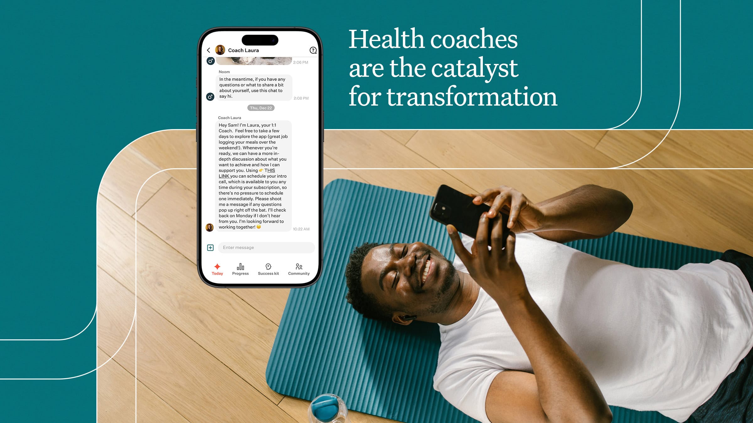 Flexible remote health coaching on a smartphone helping users achieve weight loss and wellness goals.