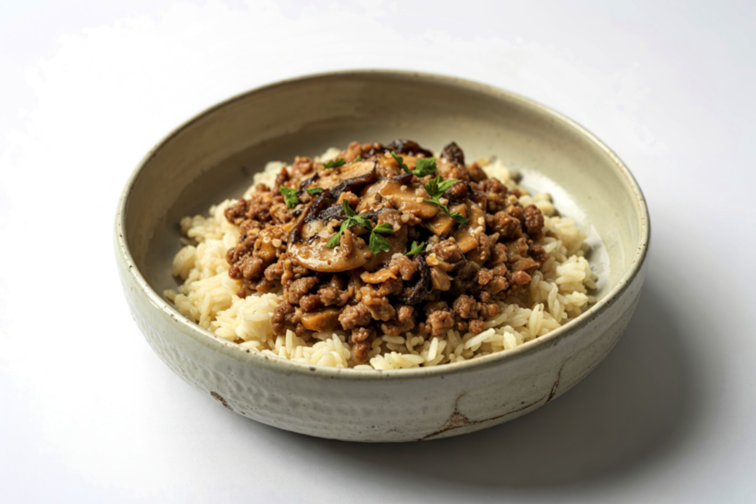 ground meat on rice in a bowl
