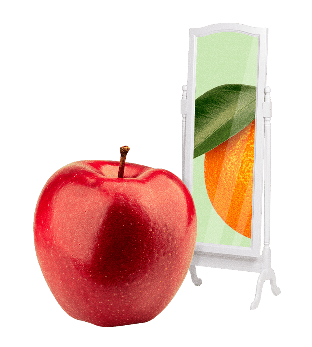 ein apfel spiegelt sich in einem spiegel als orange